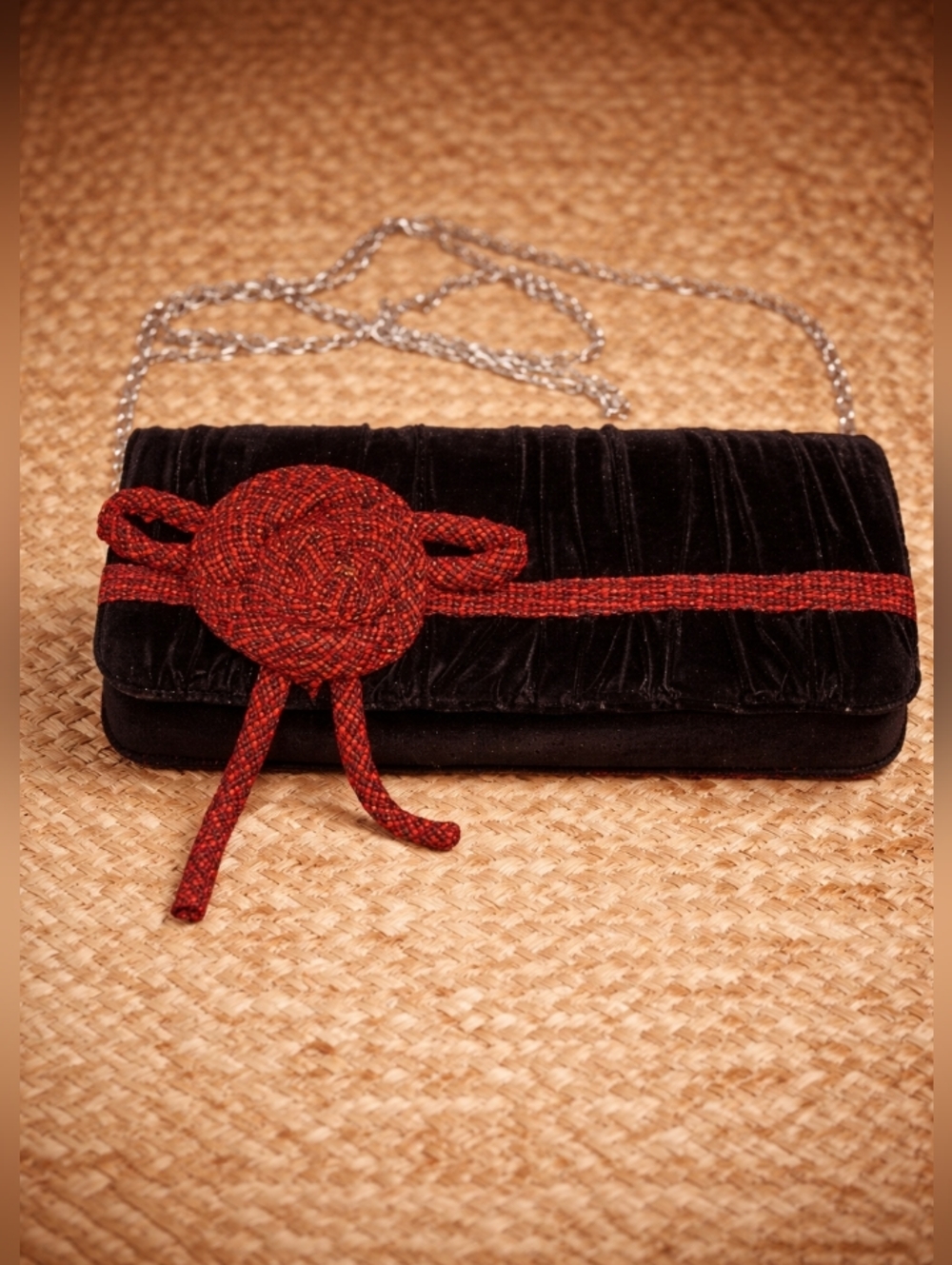 NEW Betty K Designs Black Velvet Crossbody/Clutch Wool Red Rope Accent Y2K